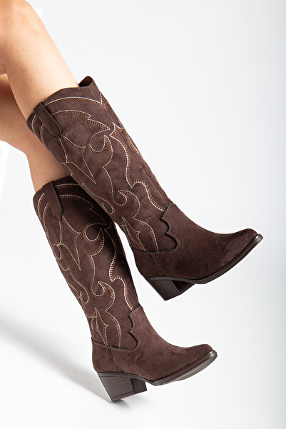 RİSSOLİ Γυναικείες μπότες καουμπόισσας με κέντημα από καφέ σουέντ δυσκολεύτερο χρώμα