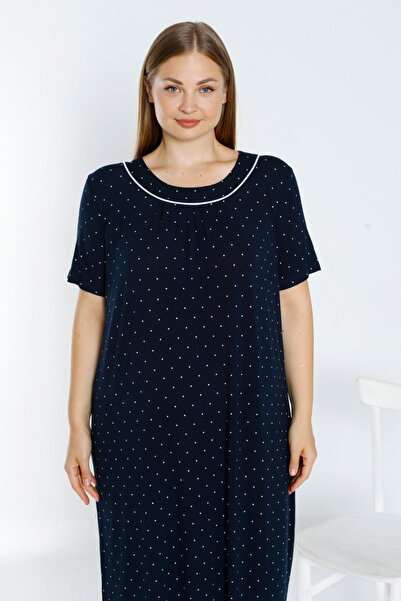 İntensive Cămașă de noapte cu mâneci scurte din viscoză elastică, cu buline, albastru bleumarin