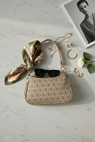 KISCHE Monogram Baguette & Crossbody Bag – Faux Leather, Metal Accessories, Beige