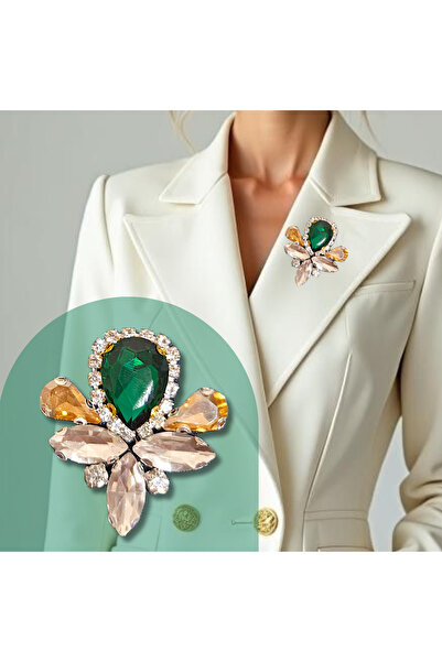 EMERALD-SILVER COLOR ZIRCON STONE HANDMADE ,COLLAR BROOCH,COLLAR FLOWER,SCHOOL,BUSINESS,SOUVENIR