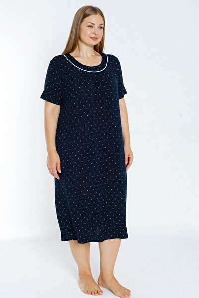İntensive Cămașă de noapte cu mâneci scurte din viscoză elastică, cu buline, albastru bleumarin
