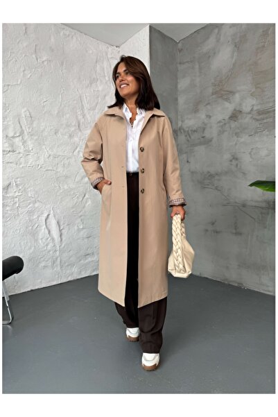 Elif Özbey Butik Camel Ekose Detaylı Trenç