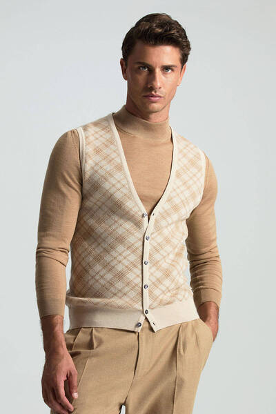 Hemington Merino Yün Baklava Desen Açık Bej Yelek