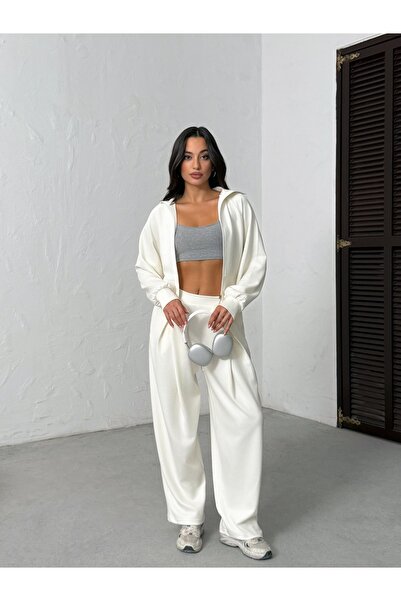 BEJNA Women's Ecru Soft Modal Textured Stand Collar Jacket Pleated Wide Leg Pants Top and Bottom Sportswear Set