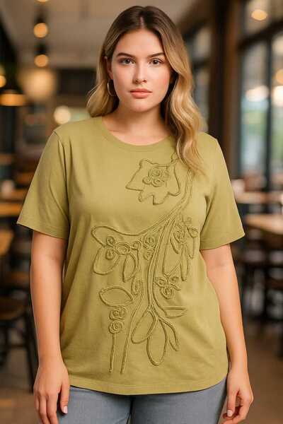 Şans Women's Plus Size Green, Crew Neck, Short Sleeve Blouse with Suzene Embroidery 65N39143