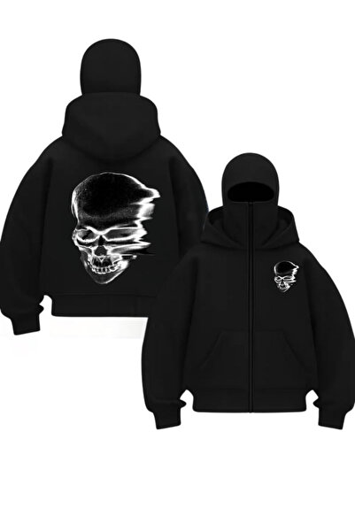 Gofeel Siyah Unisex Kar Maskeli Head Skull Baskılı Oversize Hırka