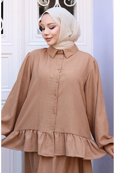 sefamerve Ruffled Tunic Skirt Two-Piece Set 0146-06 Milky Coffee