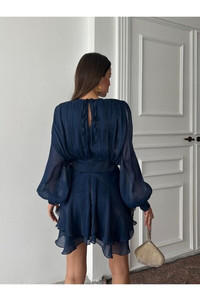 Ellarisse Kadın Lacivert Uzun Kollu Eteği Kat Kat Mini Davet Elbisesi