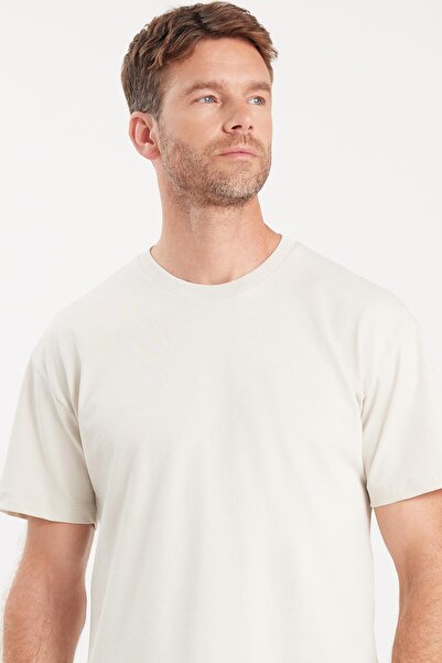 Tudors Ανδρικό μπλουζάκι με φαρδιά εφαρμογή, 100% βαμβακερό, με λαιμόκοψη ποδηλατικό, πέτρινο μπλουζάκι