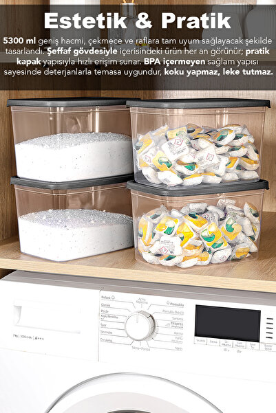 Meleni Home 4'lü Etiketli Deterjan Saklama Kutusu - Şeffaf Derin Banyo Tablet Toz Deterjan Kutusu 3,7 Litre