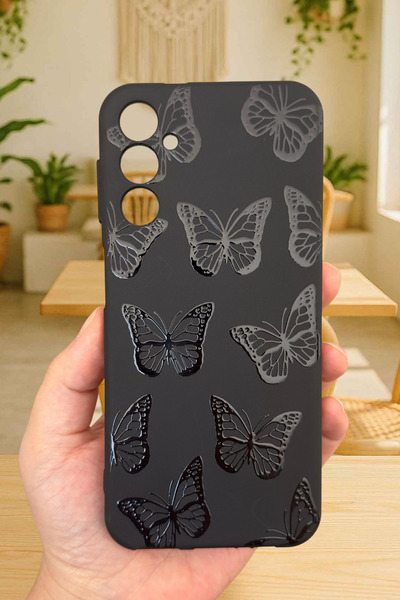 Vip Case Samsung Galaxy A14 Compatible Black Butterfly Patterned Silicone Shock-Absorbing Classic Protective Rubber Case 277