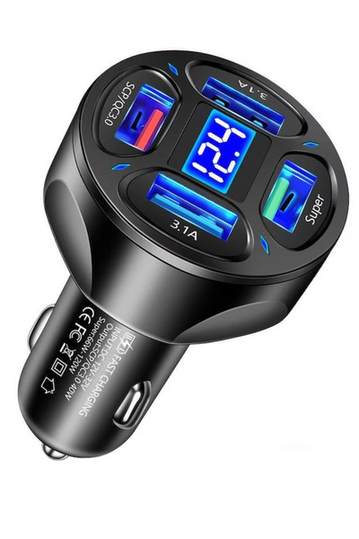 Stone Stone® Smart Fast Charging 4 USB 66W car charger, battery voltage display, black