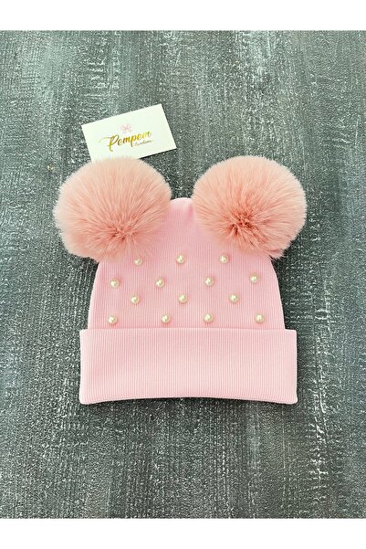 pempem bandana طقم قبعة كاميسول للأطفال البنات مع كرات فرو كبيرة مزينة باللؤلؤ