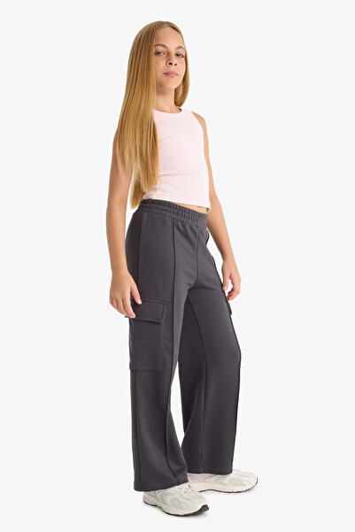 DeFacto E6930 Antrasit Kız Çocuk Beli Lastikli Wide Leg Kargo Eşofman Altı