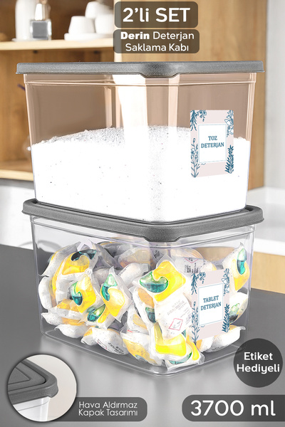 Meleni Home 2-Pack Detergent Storage Box with Label - Transparent Deep Bathroom Tablet Powder Detergent Box 3.7 Liters