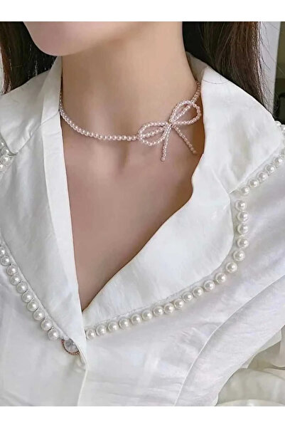HARİNA Women's Elegant Pearl Bow Choker