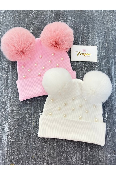 pempem bandana طقم قبعة كاميسول للأطفال البنات مع كرات فرو كبيرة مزينة باللؤلؤ