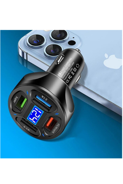 Stone Stone® Smart Fast Charging 4 USB 66W car charger, battery voltage display, black