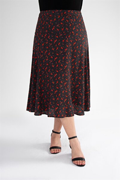 Roxxlen 210040 Жіноча велика розмір Спідниця з квітковим принтом Чорна