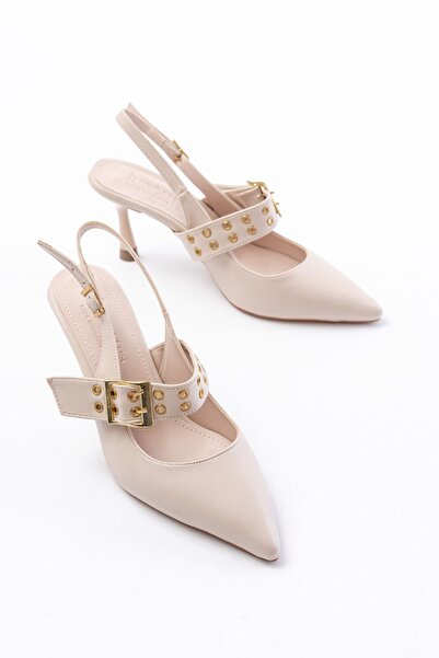 Budi Inf-260 Beige Daily Open Back Helmet Buckle Heeled Shoes