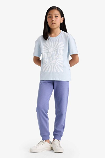 DeFacto Y1226 Purple Girls' Standard Fit Basic Straight Elastic Waist School Jogger Sweatpants