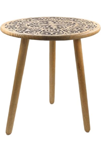 Souq DESIGNS Side Table Wooden Accent Round 3 Legs, Hand-Carved for Living Room, Bedroom-50 cms