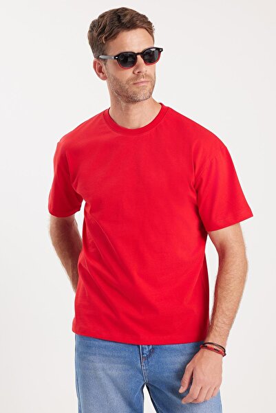 Tudors Men's Boxy Fit Loose Fit 100% Cotton Crew Neck Red T-Shirt