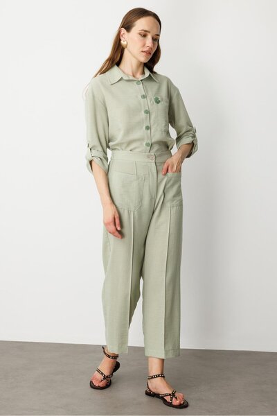 accort Önden Cep Detaylı Keten Görünüm Pantolon-SU YEŞİLİ