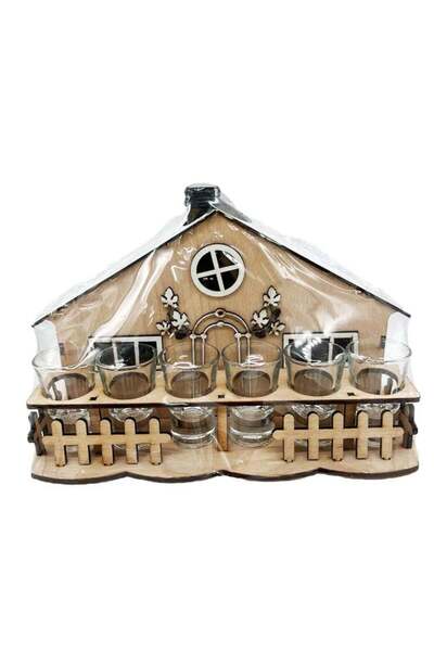 velve Minibar, suport din lemn in forma de casa, cu sticla si 6 pahare pentru...