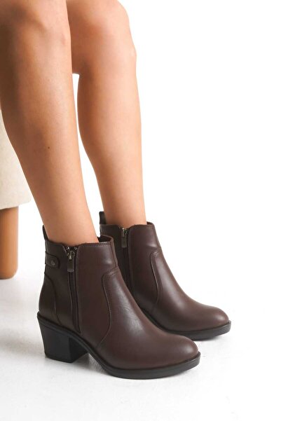 ERNİLA Γυναικείες μπότες με τακούνι ALICE καφέ από γνήσιο δέρμα