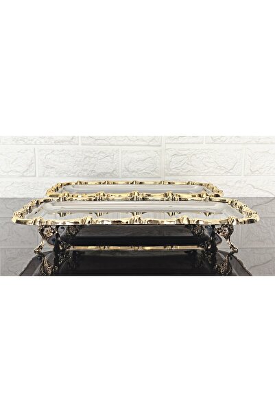 atabey home 6-Piece Footed Presentation Tray & Baton Cake Serving Steel Tray Cast Gold Frame 32 cm