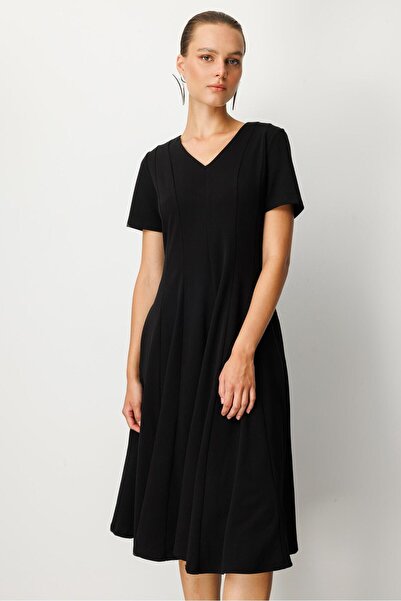 accort V Yaka Midi Elbise-SİYAH