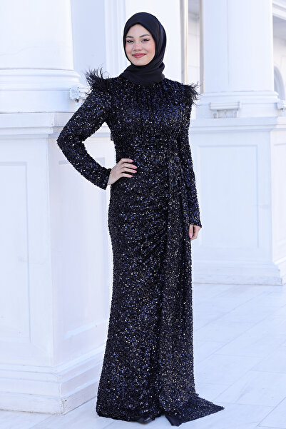 Raika Moda Shiny Sleeve Feather Detailed Shura Hijab Large Evening Dress