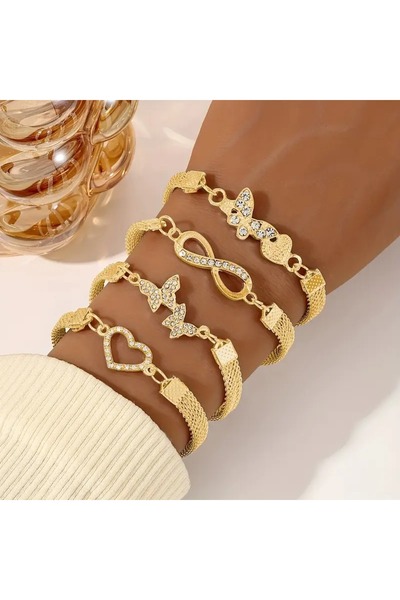 Feronnucci طقم أساور نسائية ذهبية اللون بأشكال قلب وفراشة ورمز اللانهاية 0322