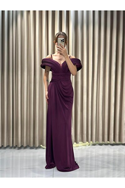 Kaleiçi Yıldızlar Mürdüm Yaka Detay Abiye Elbise |