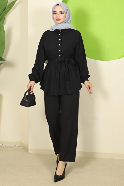 hafsamina Costum dublu cu detalii elegante din piatră, negru HM2813