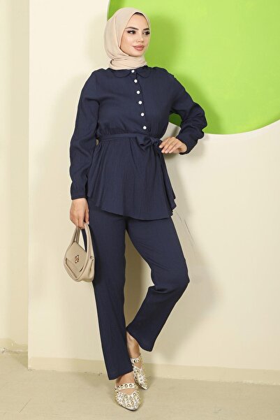 hafsamina Costum dublu cu detalii elegante din piatră, albastru bleumarin HM2813