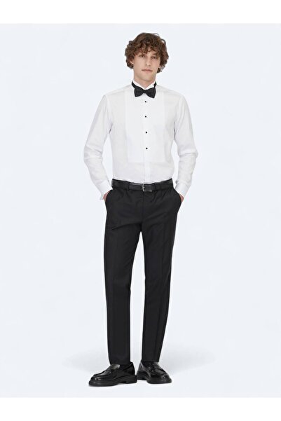 Kip White Plain Slim Fit Double Cuff Turtle Collar Tuxedo Shirt