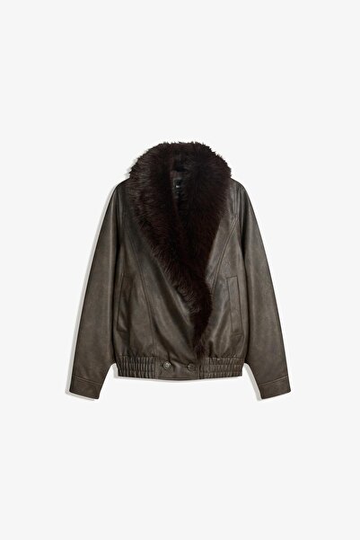 Bershka Faux leather jacket with faux fur collar