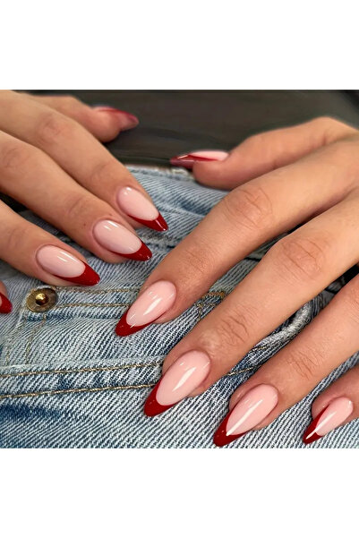 NAİL ART 24 Adet Kırmızı Frenchli Takma Tırnak Seti
