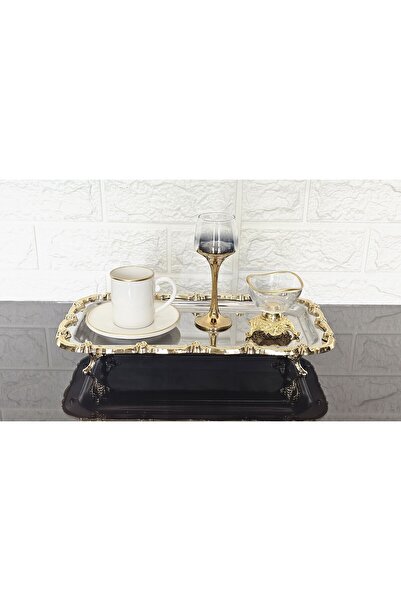 atabey home 6-Piece Footed Presentation Tray & Baton Cake Serving Steel Tray Cast Gold Frame 32 cm