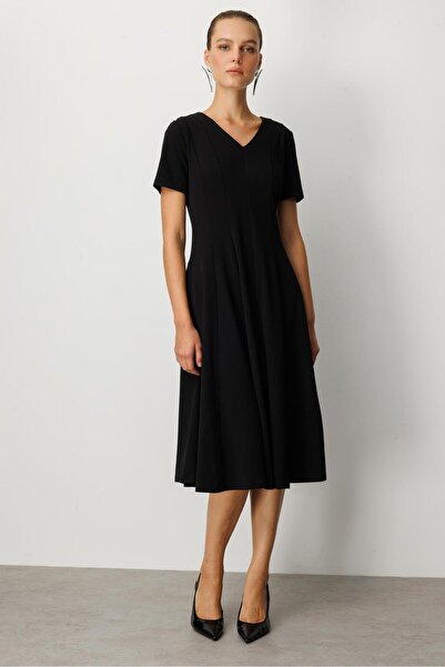 accort V Yaka Midi Elbise-SİYAH