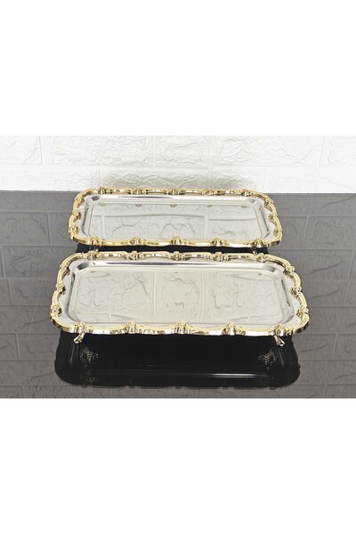 atabey home 2-Piece Footed Presentation Tray & Baton Cake Serving Steel Tray Cast Gold Frame 32 cm