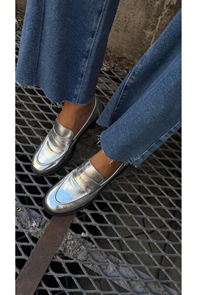 Eataly Shoes Women's Flat Genuine Leather Oxford Loafer Casual Shoes Silver