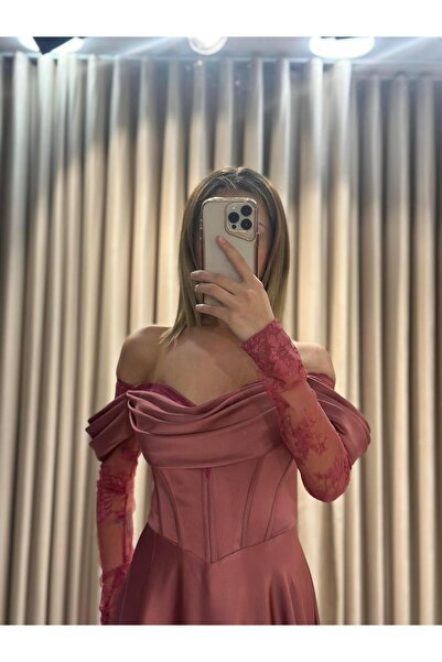 Kaleiçi Yıldızlar Tarçın Kayık Yaka Dantel Kollu Abiye Elbise 5561