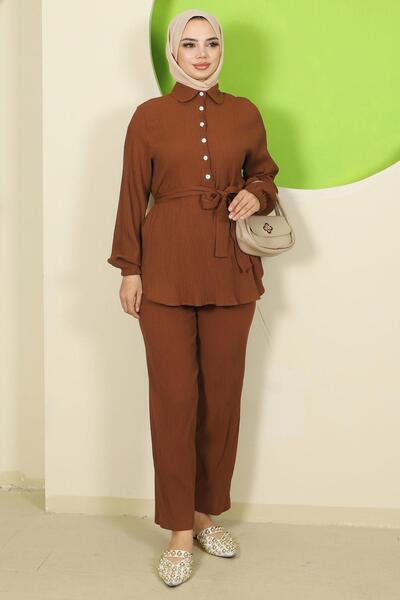 hafsamina Κομψό Σετ Δύο Τεμάχια με Πέτρινη Λεπτομέρεια Καφέ HM2813