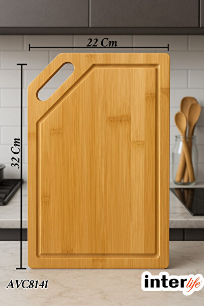 İnterlife Bamboo Cutting Board Slotted Antibacterial Washable Bamboo Chopping Board 32*22 cm