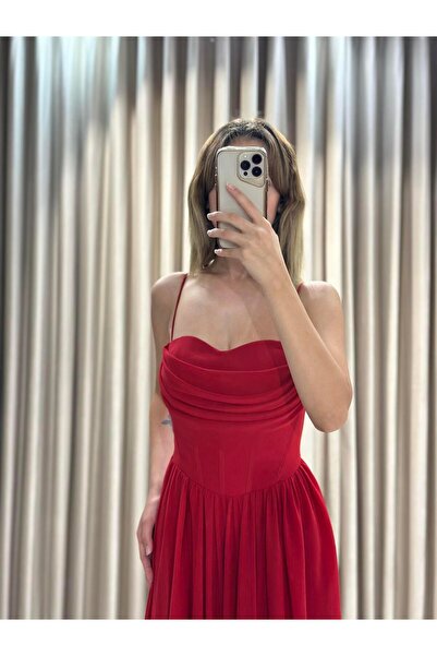 Kaleiçi Yıldızlar Kırmızı Yeni Sezon Şifon Abiye 5621