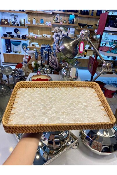 ÇIRPAN EV KREM SEDEFLİ RATTAN TEPSİ 38X24CM