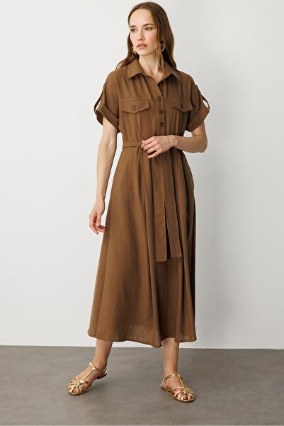 accort Kuşak Detaylı Keten Görünüm Elbise-KAHVE